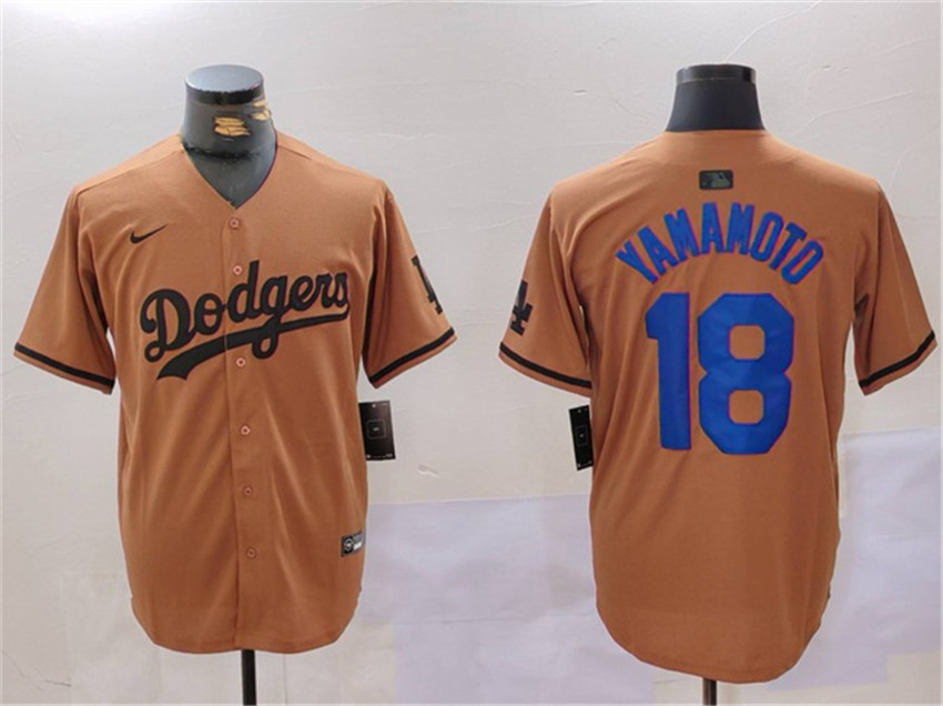 Men's Brown Los Angeles Dodgers #18 Yoshinobu Yamamoto Cool Base Stitched Baseball Jersey